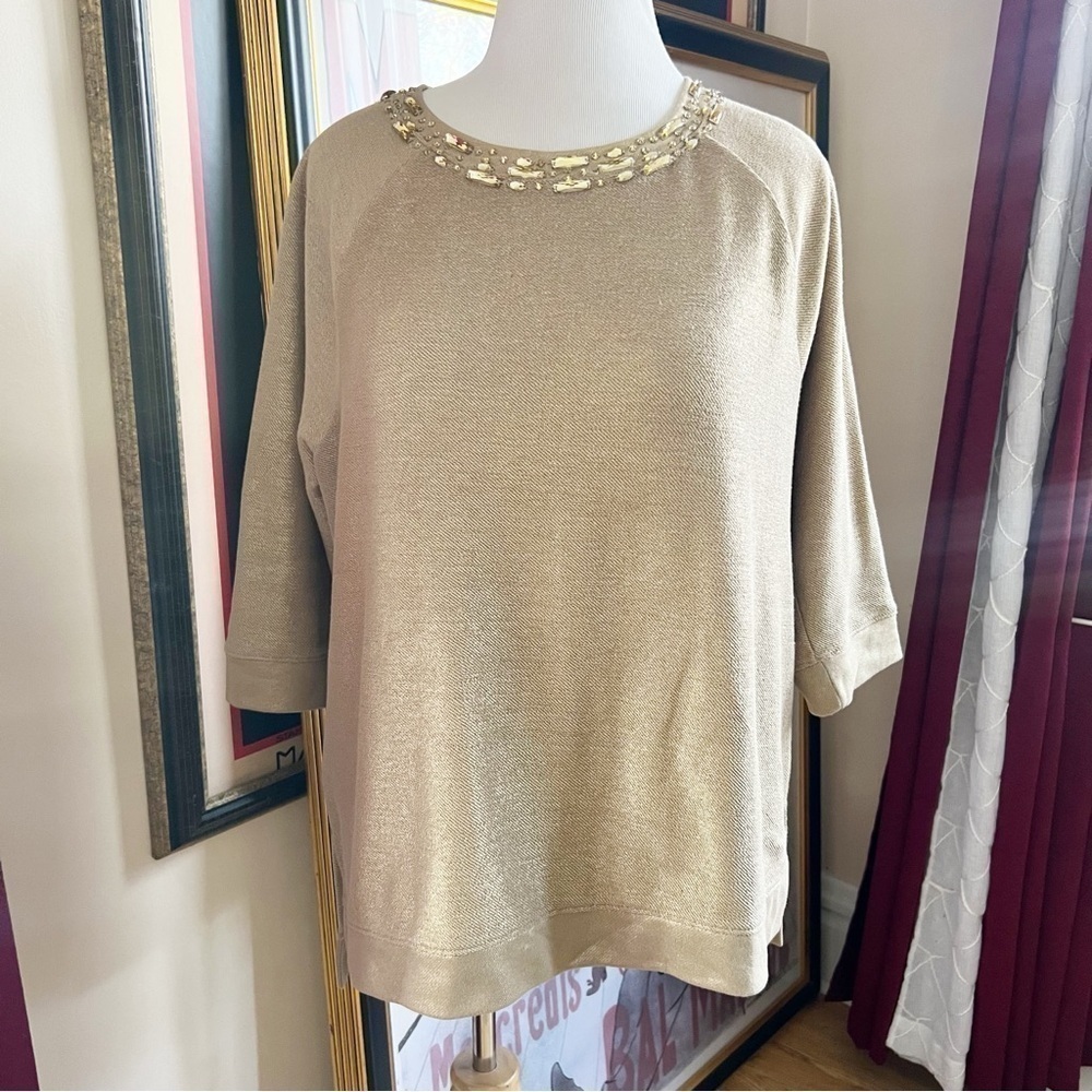 Chico's Collection: Metallic Gold Oversized Loose Sweatshirt Bedazzled Neckline